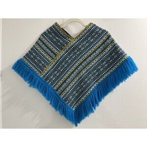 Vintage Guatemalan Poncho Woven Tapestry Fringe Hippie Blue White and Yellow